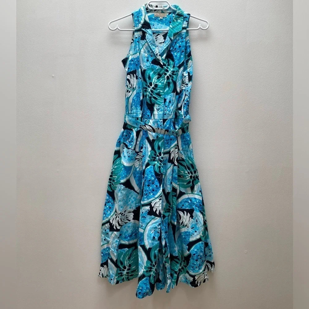 Vintage - Blue Green Monstera Full Skirt Dress with Belt